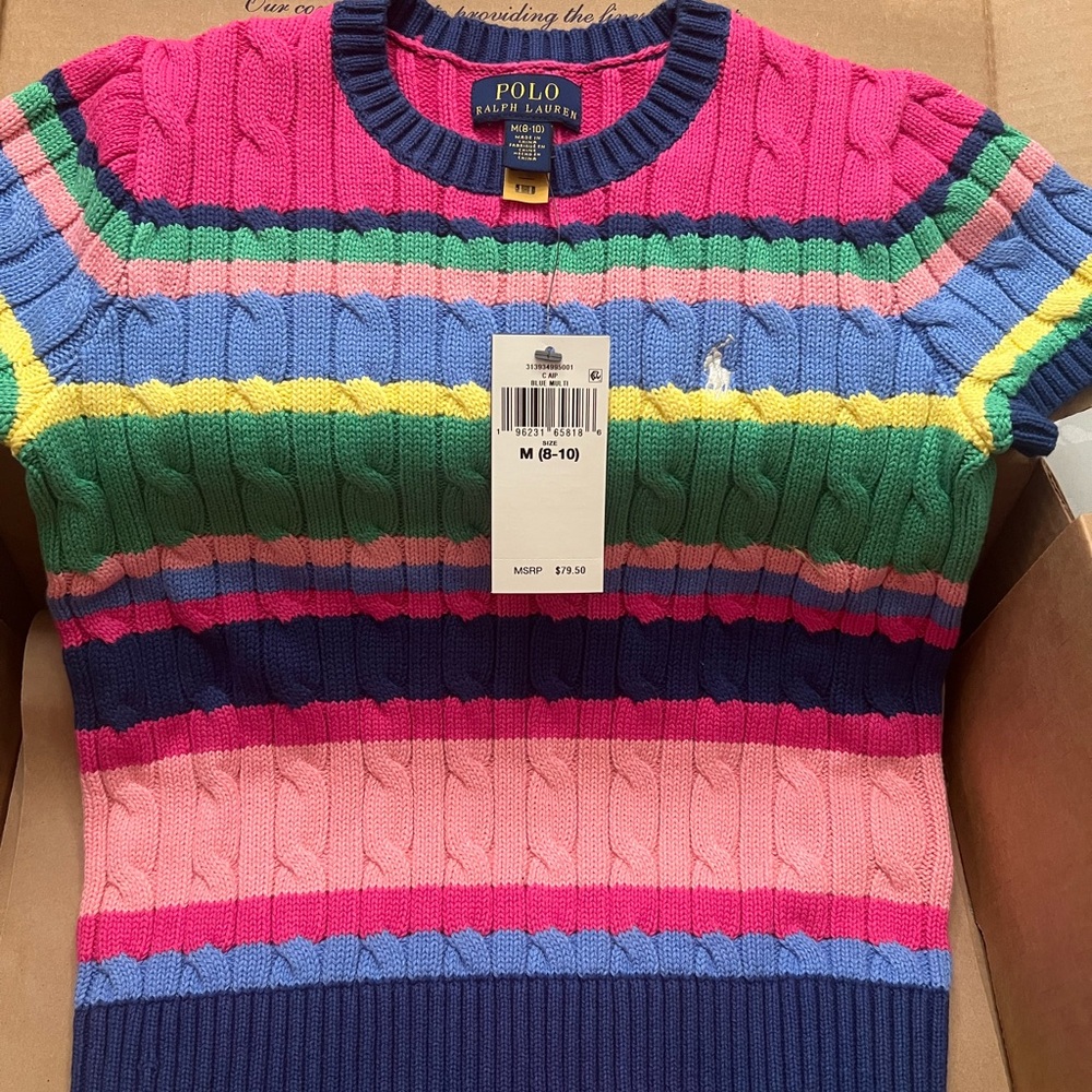 Girls Polo Size Medium 
Striped Cotton Short Sleeve Sweater
Color: Beach Royal - Picture 9 of 10